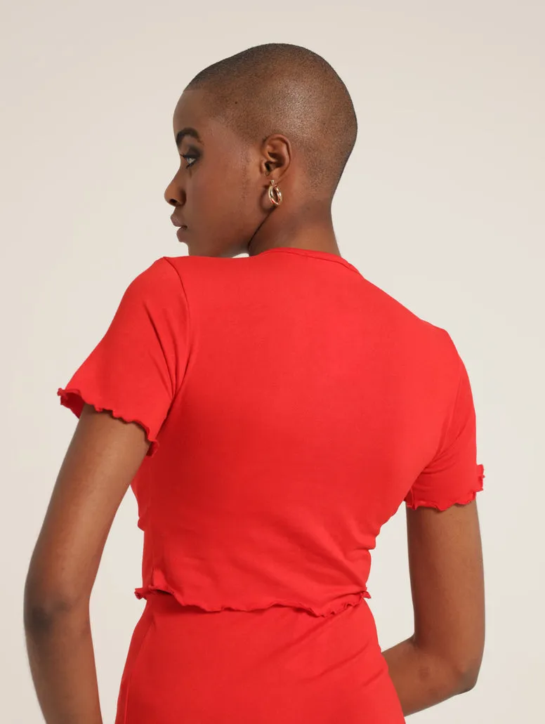 Tie Front Flossed Hem Top - Red