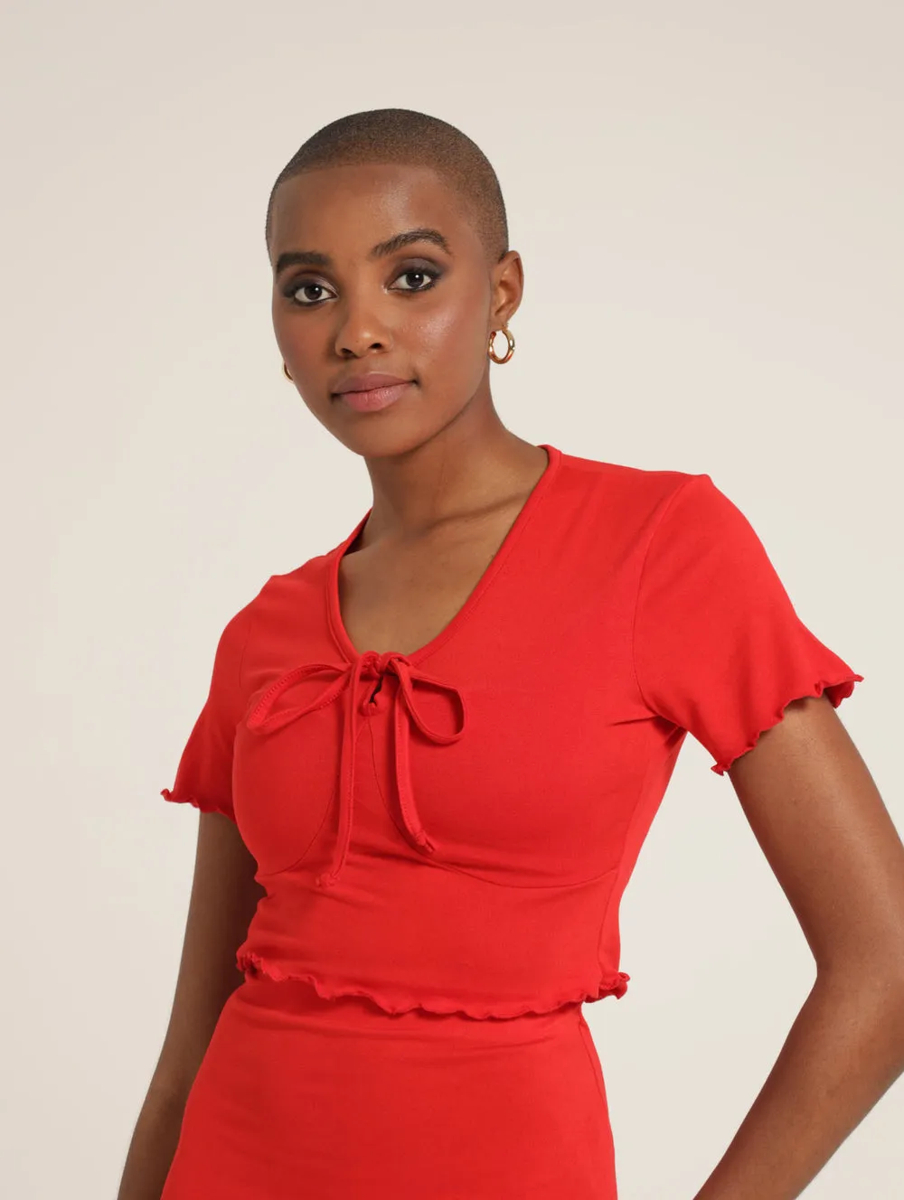 Tie Front Flossed Hem Top - Red