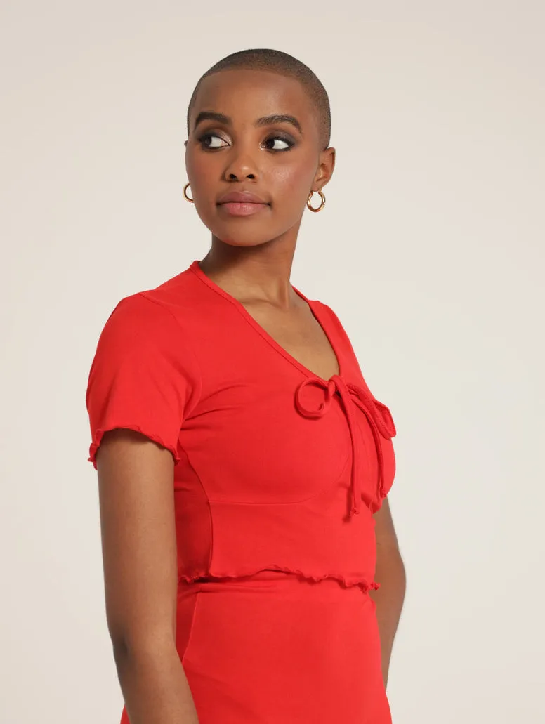 Tie Front Flossed Hem Top - Red