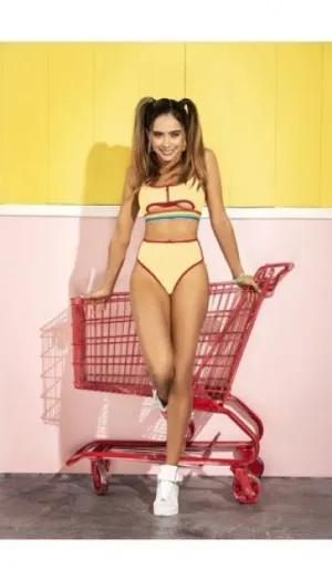 Underboob Top and High-Waisted Bottom - Pale Yellow/Rainbow -