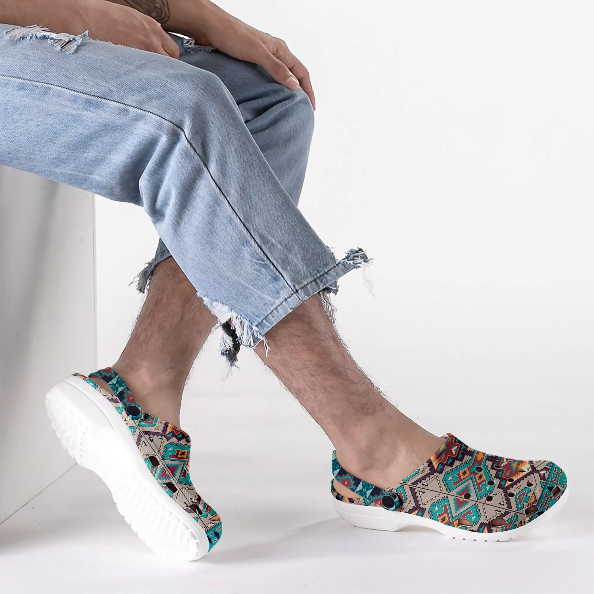 Unisex Turquoise Pattern Fleece Clog Shoes For Women and Men Native American Style