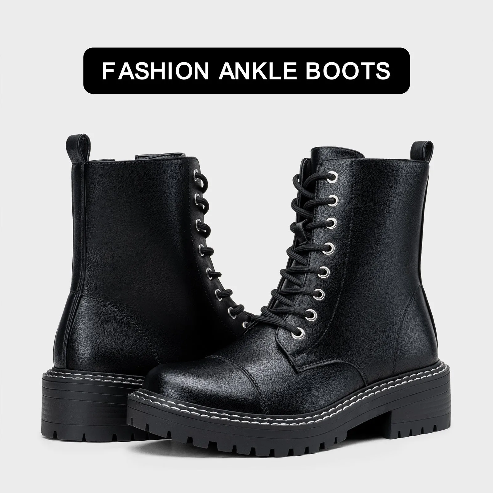 VEPOSE Women's 9629 Fashion Combat Ankle Boots, Lace up Booties with Inner Zipper