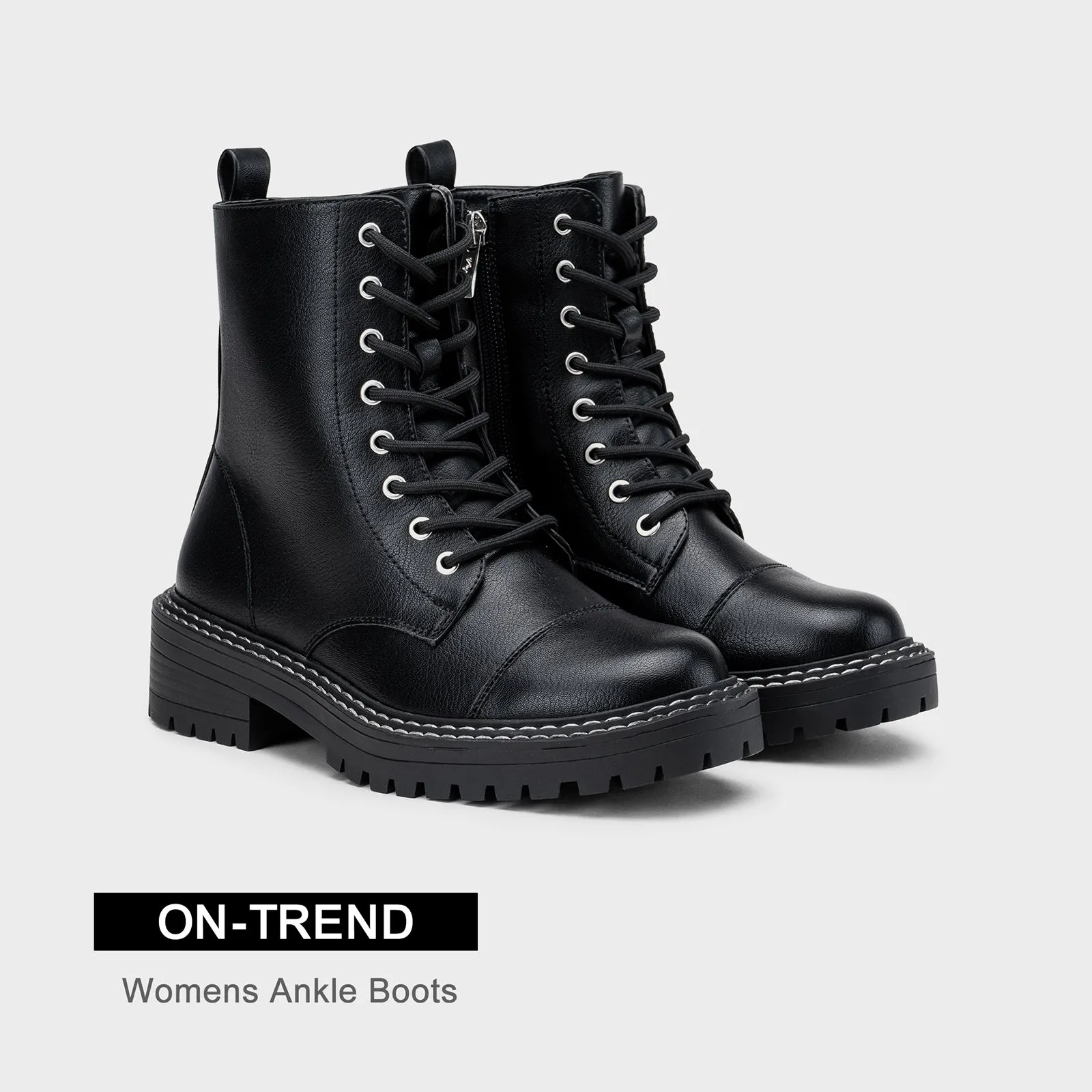 VEPOSE Women's 9629 Fashion Combat Ankle Boots, Lace up Booties with Inner Zipper