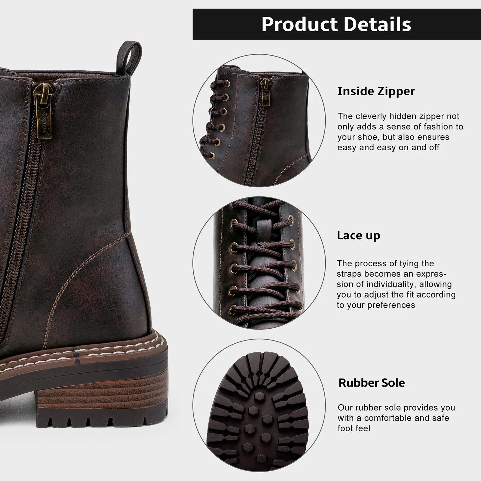 VEPOSE Women's 9629 Fashion Combat Ankle Boots, Lace up Booties with Inner Zipper