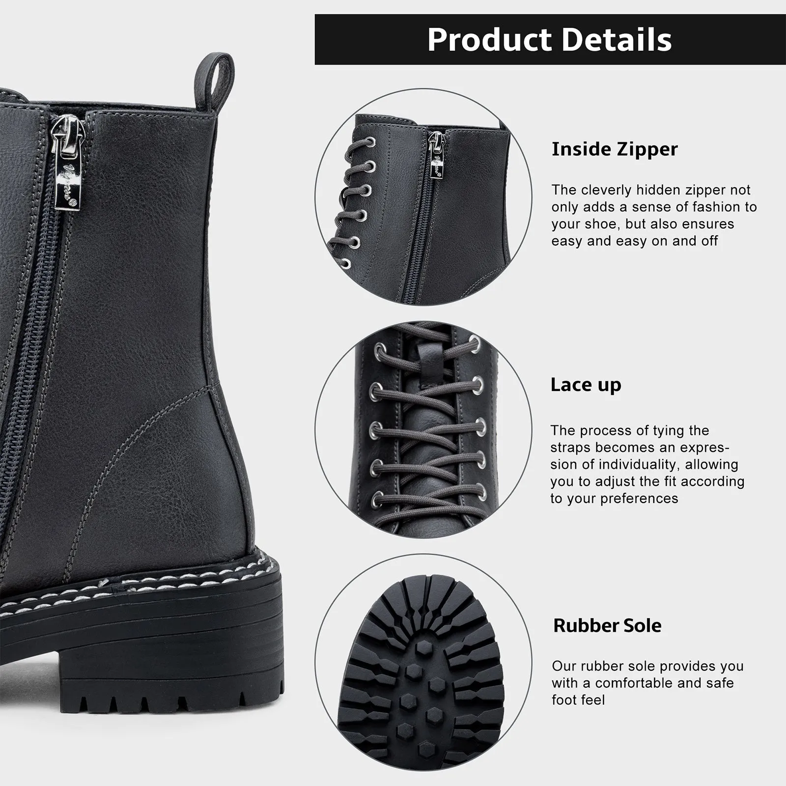 VEPOSE Women's 9629 Fashion Combat Ankle Boots, Lace up Booties with Inner Zipper