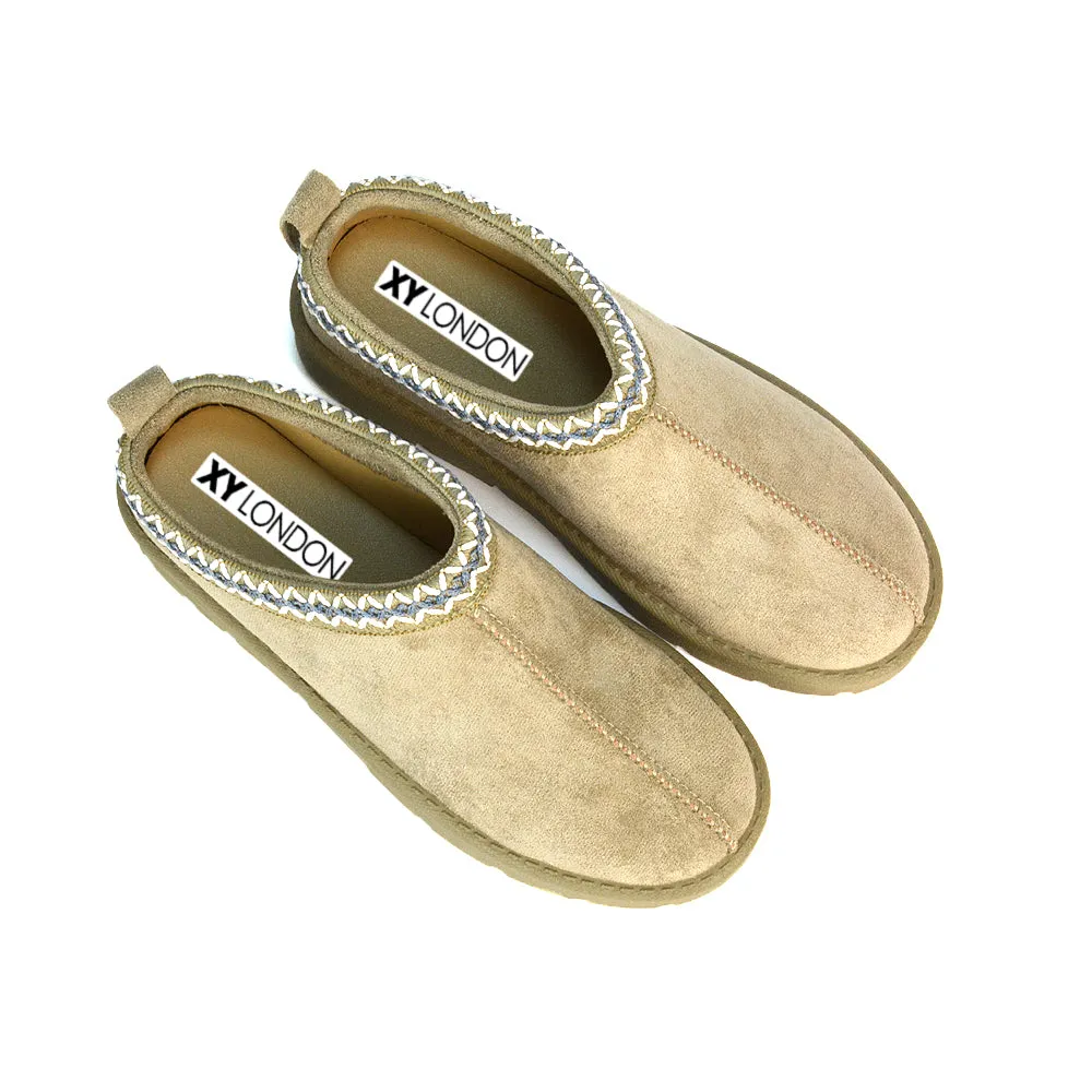 Vicky Flat Aztec Ultra Mini Boots Slip On Slippers With No Faux Fur Lining in Mushroom