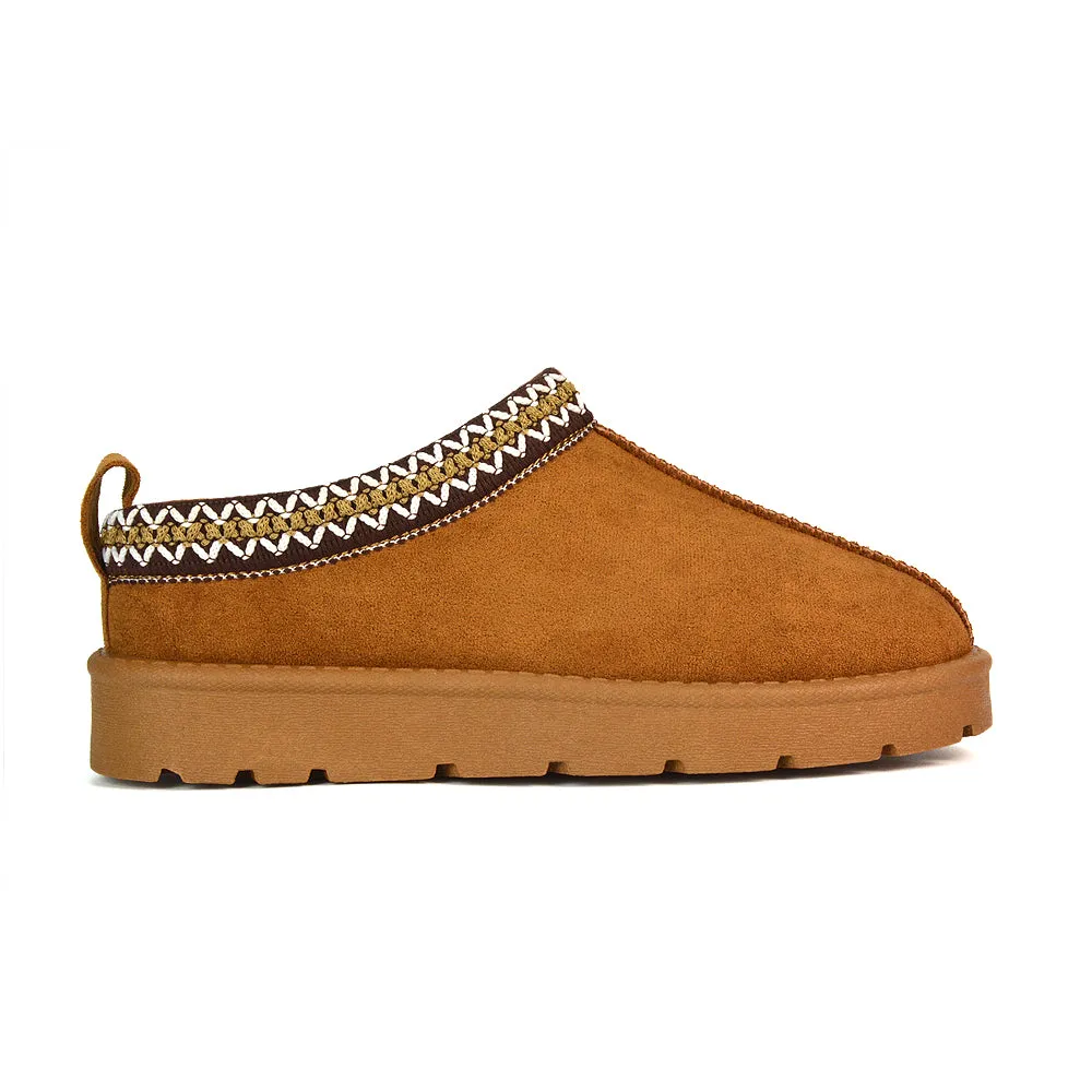 Vicky Flat Aztec Ultra Mini Boots Slip On Slippers With No Faux Fur Lining in Mushroom
