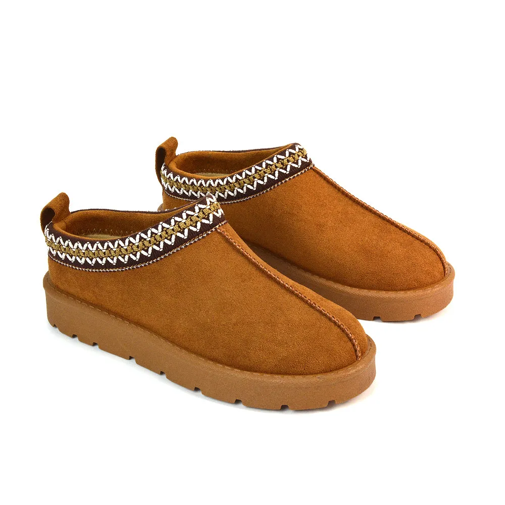 Vicky Flat Aztec Ultra Mini Boots Slip On Slippers With No Faux Fur Lining in Mushroom