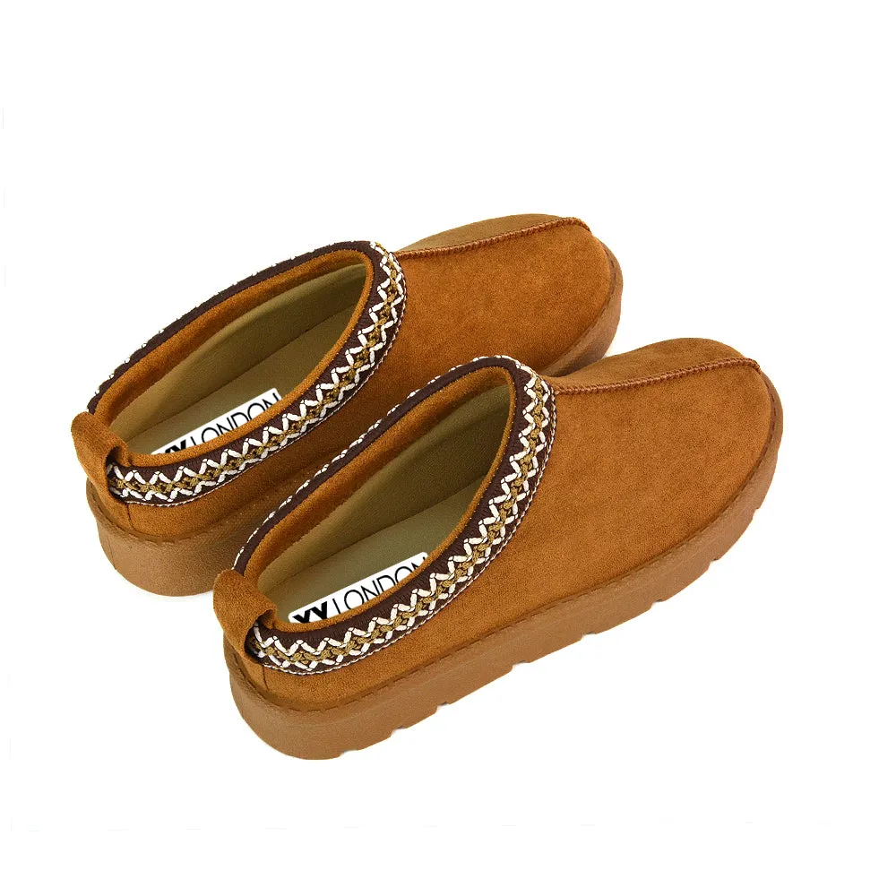 Vicky Flat Aztec Ultra Mini Boots Slip On Slippers With No Faux Fur Lining in Mushroom