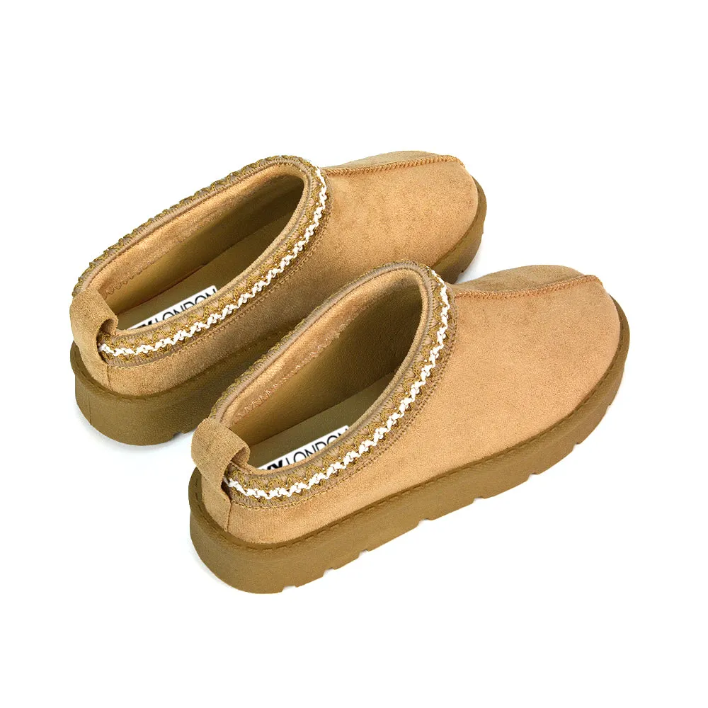 Vicky Flat Aztec Ultra Mini Boots Slip On Slippers With No Faux Fur Lining in Mushroom