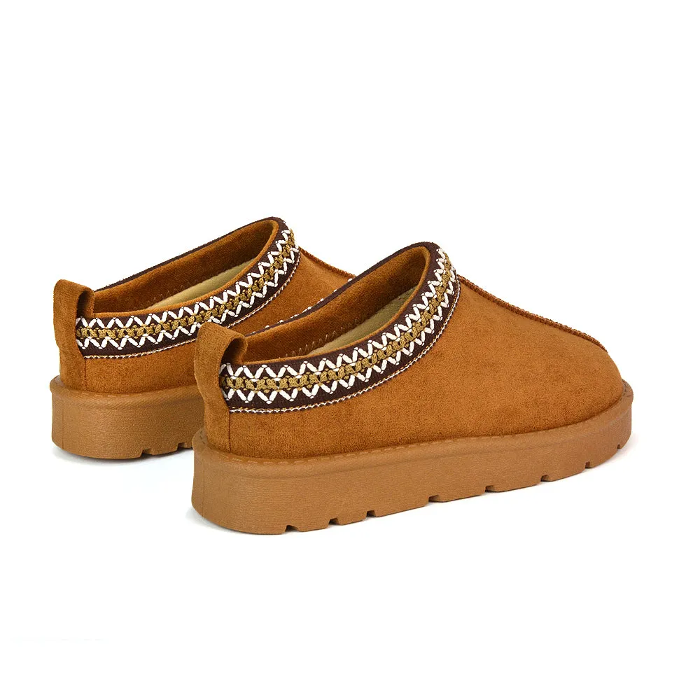 Vicky Flat Aztec Ultra Mini Boots Slip On Slippers With No Faux Fur Lining in Mushroom