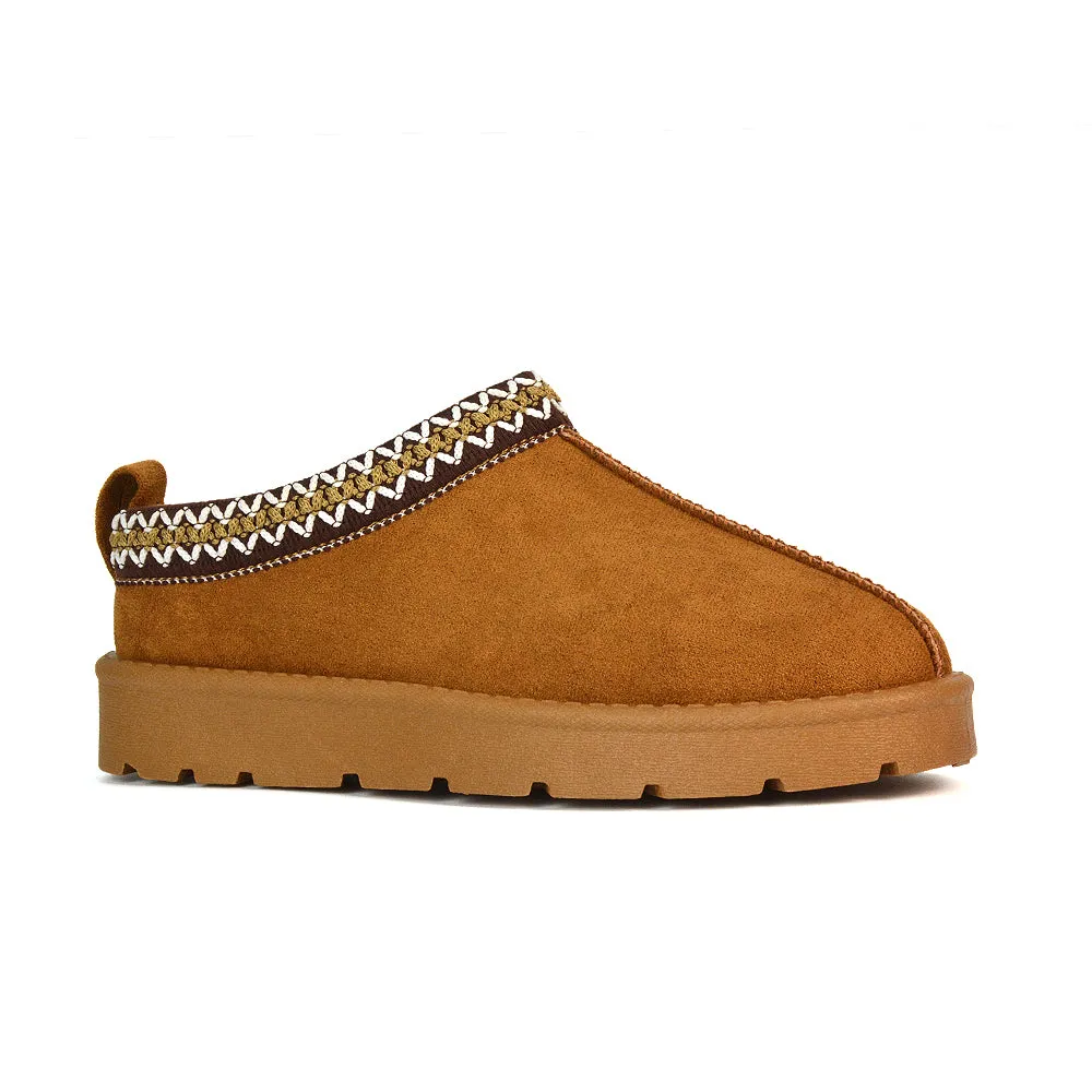 Vicky Flat Aztec Ultra Mini Boots Slip On Slippers With No Faux Fur Lining in Mushroom