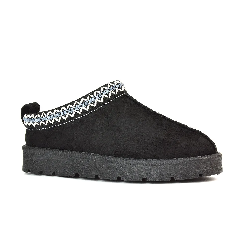 Vicky Flat Aztec Ultra Mini Boots Slip On Slippers With No Faux Fur Lining in Mushroom