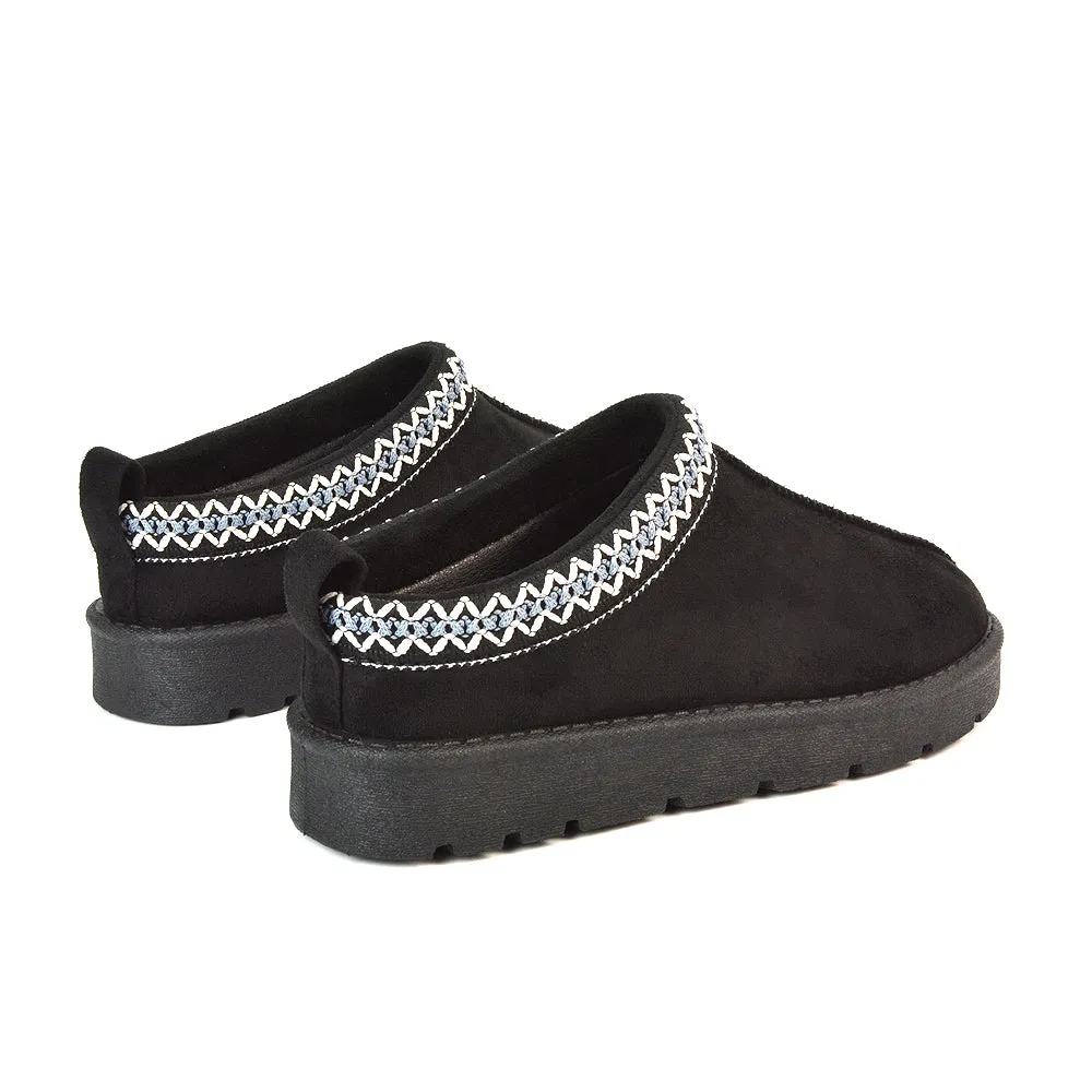 Vicky Flat Aztec Ultra Mini Boots Slip On Slippers With No Faux Fur Lining in Mushroom