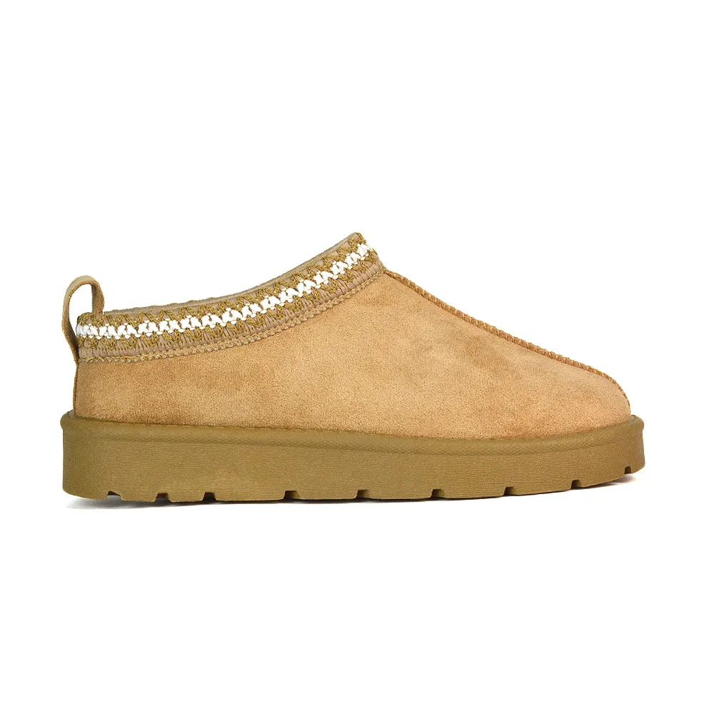 Vicky Flat Aztec Ultra Mini Boots Slip On Slippers With No Faux Fur Lining in Mushroom