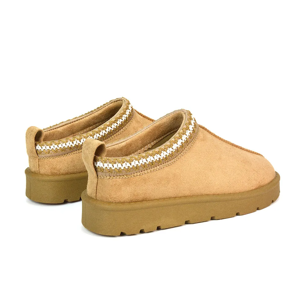 Vicky Flat Aztec Ultra Mini Boots Slip On Slippers With No Faux Fur Lining in Mushroom
