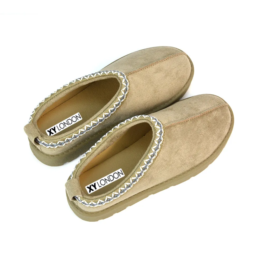 Vicky Flat Aztec Ultra Mini Boots Slip On Slippers With No Faux Fur Lining in Mushroom
