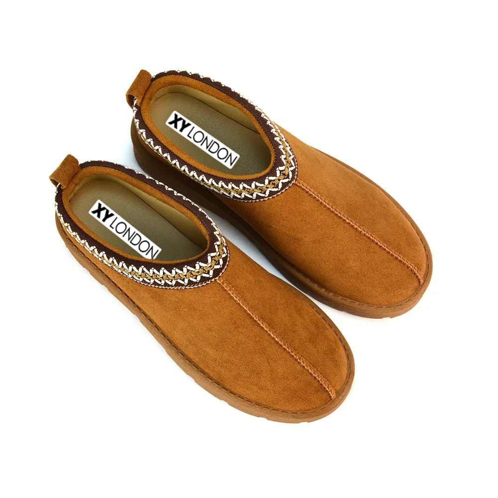 Vicky Flat Aztec Ultra Mini Boots Slip On Slippers With No Faux Fur Lining in Mushroom