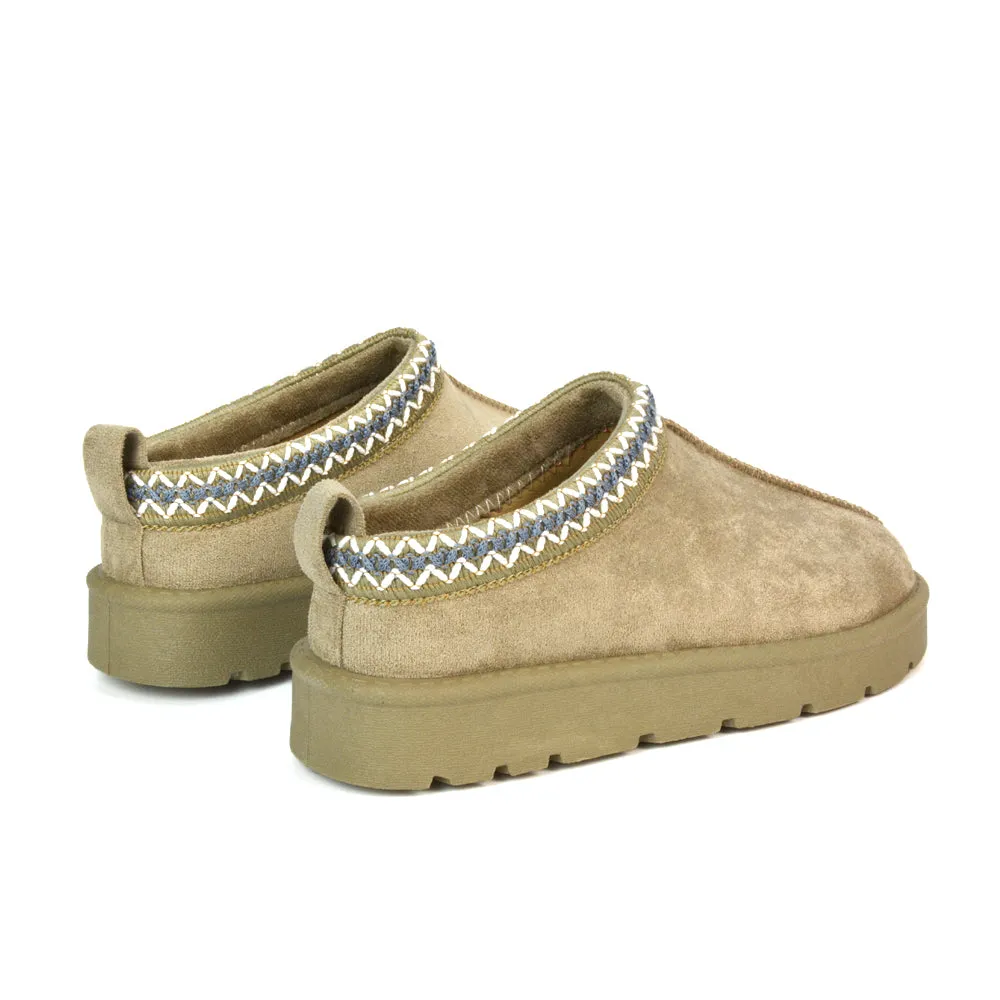 Vicky Flat Aztec Ultra Mini Boots Slip On Slippers With No Faux Fur Lining in Mushroom