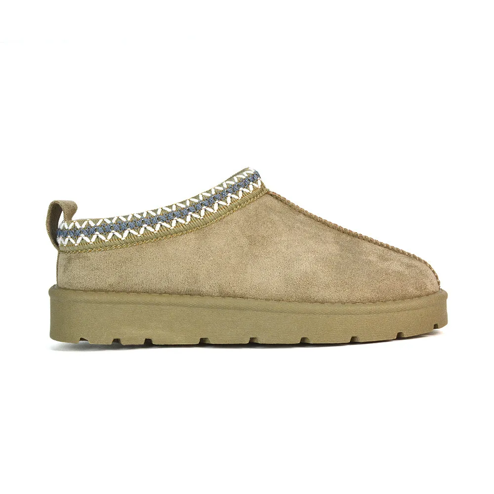 Vicky Flat Aztec Ultra Mini Boots Slip On Slippers With No Faux Fur Lining in Mushroom