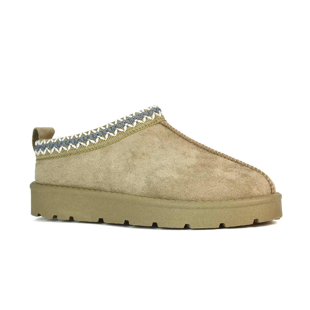 Vicky Flat Aztec Ultra Mini Boots Slip On Slippers With No Faux Fur Lining in Mushroom