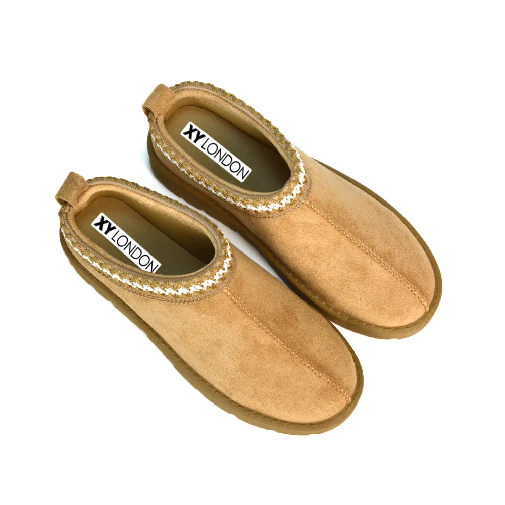 Vicky Flat Aztec Ultra Mini Boots Slip On Slippers With No Faux Fur Lining in Mushroom