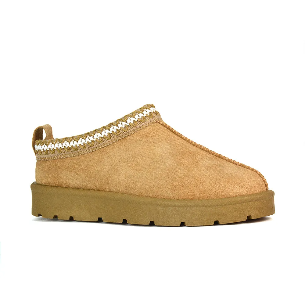 Vicky Flat Aztec Ultra Mini Boots Slip On Slippers With No Faux Fur Lining in Mushroom