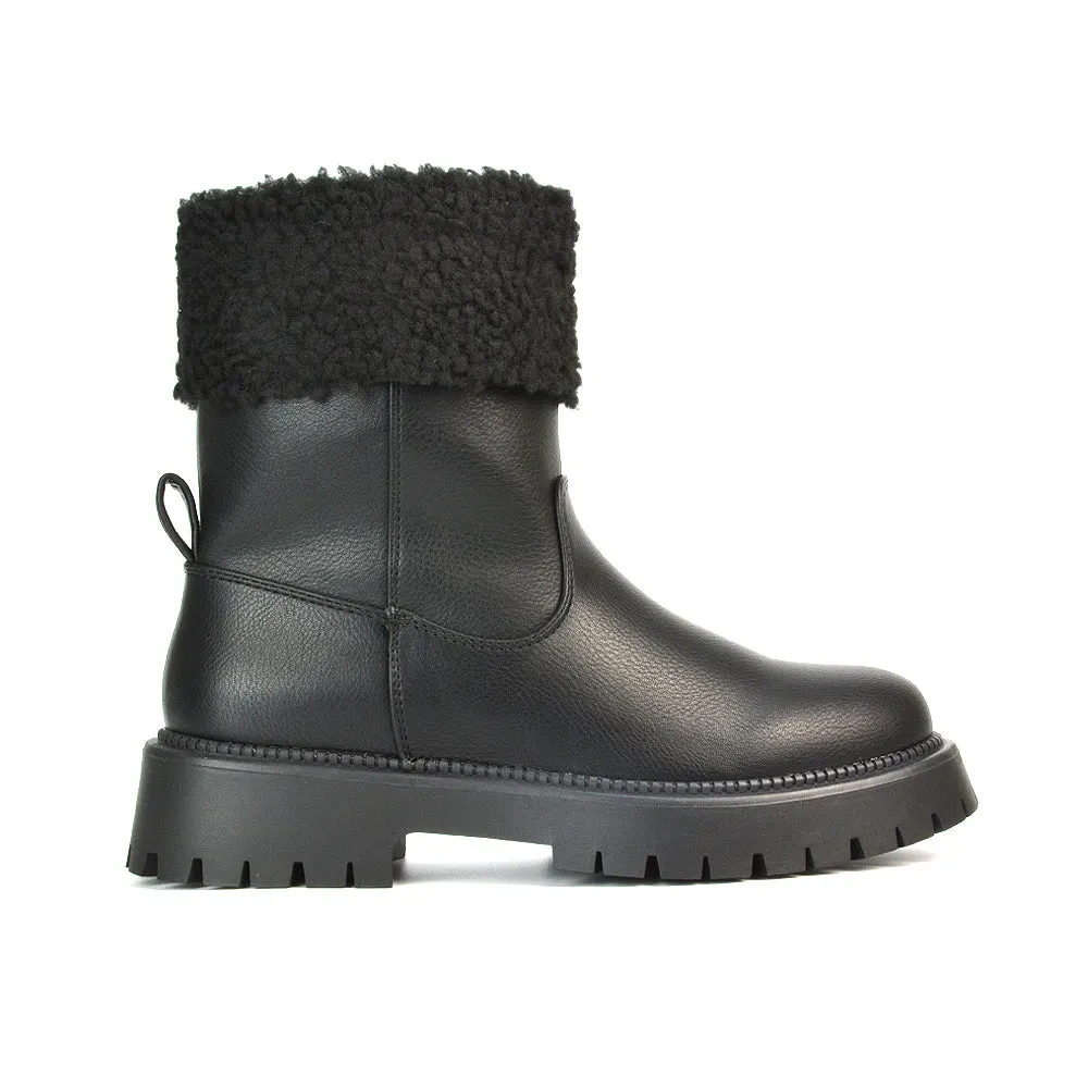 Vienna Faux Fur Chunky Biker Ankle Boots in Taupe PU