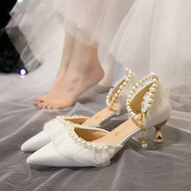 VougeVamp French Sweet Mary Jane High Heel Pumps for Women - Elegant Pearl String Bead Bridesmaid and Banquet Sandals