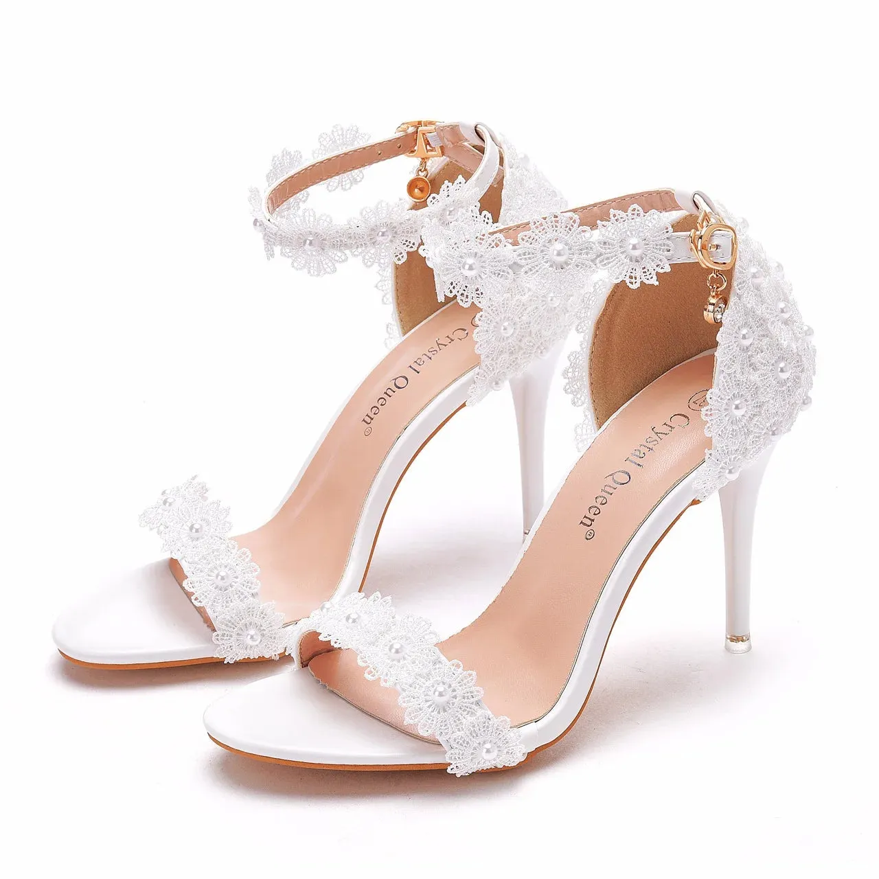 White Ankle Strap Lace Flowers Elegant Party Sandals Thin High Heels