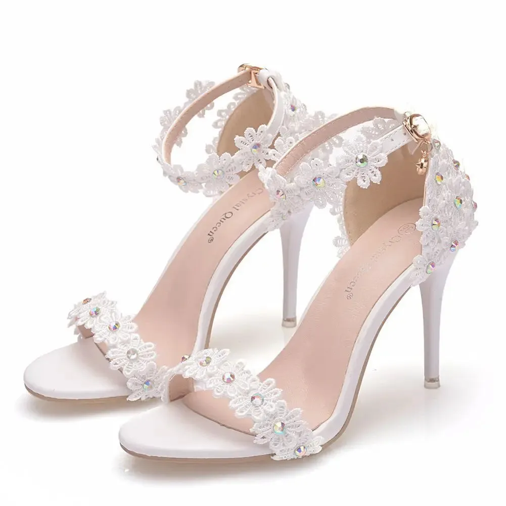 White Ankle Strap Lace Flowers Elegant Party Sandals Thin High Heels