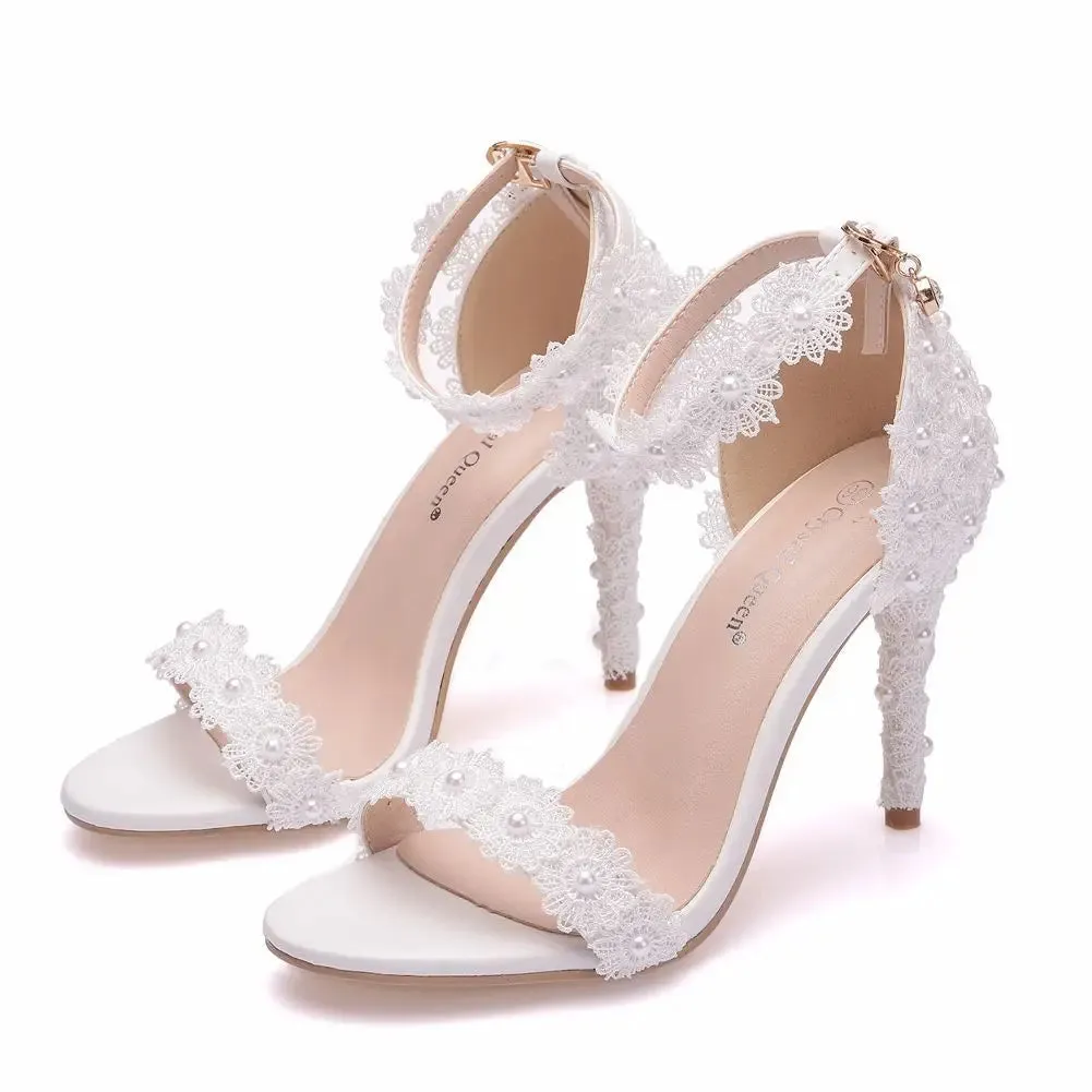 White Ankle Strap Lace Flowers Elegant Party Sandals Thin High Heels