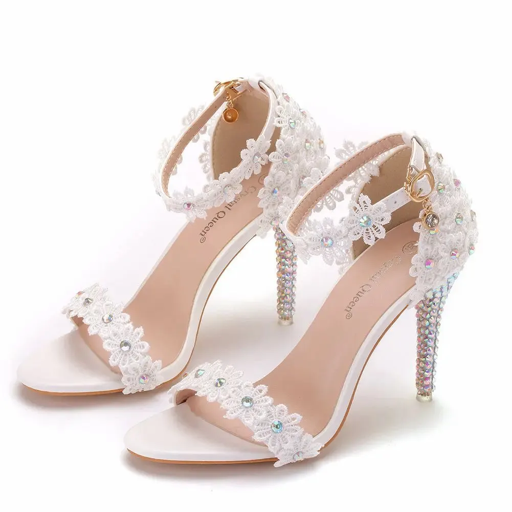 White Ankle Strap Lace Flowers Elegant Party Sandals Thin High Heels