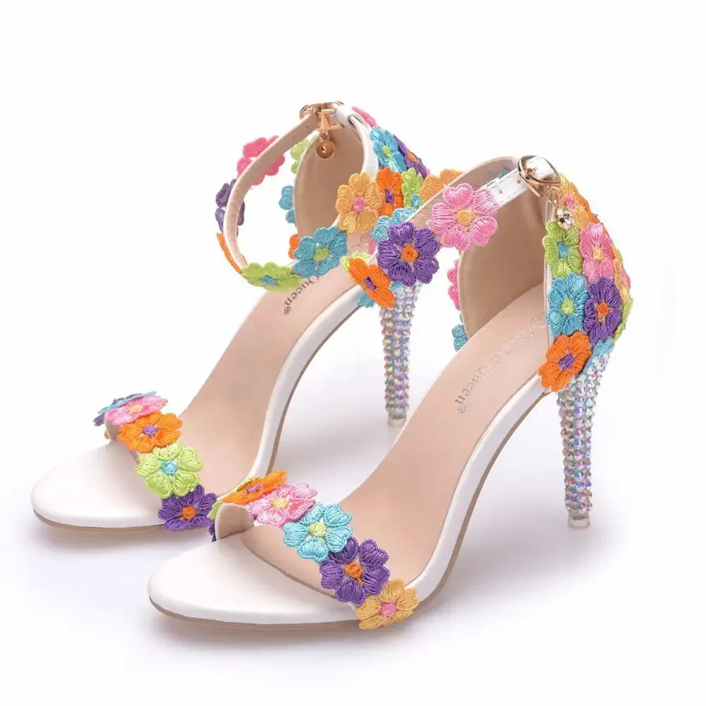 White Ankle Strap Lace Flowers Elegant Party Sandals Thin High Heels