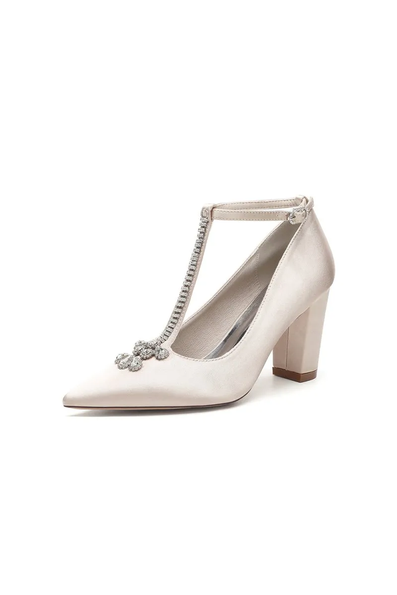 White Leather Pump with Silver Chain and Crystal Accent
