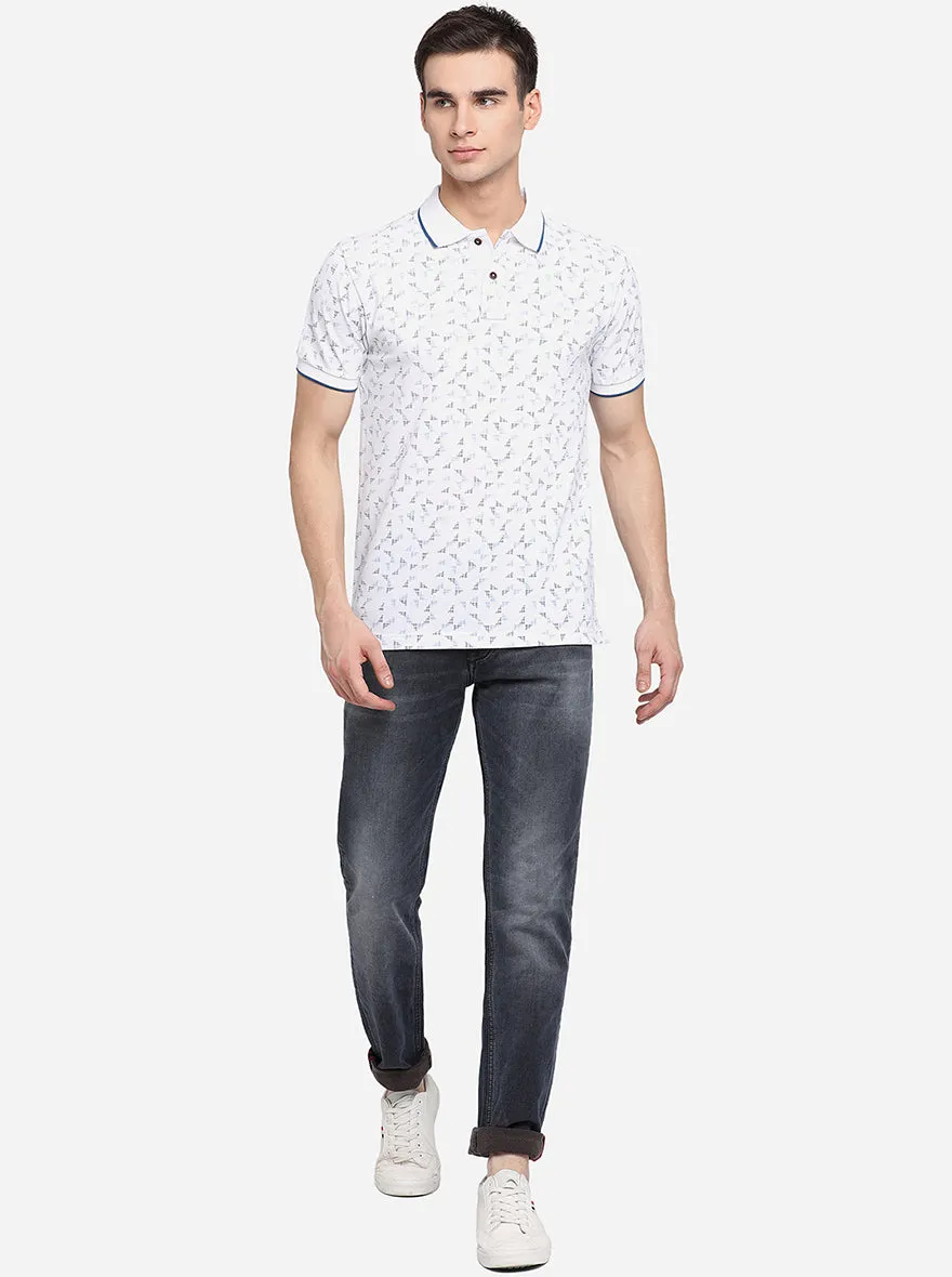 White Printed Slim Fit Polo T-Shirt | Greenfibre