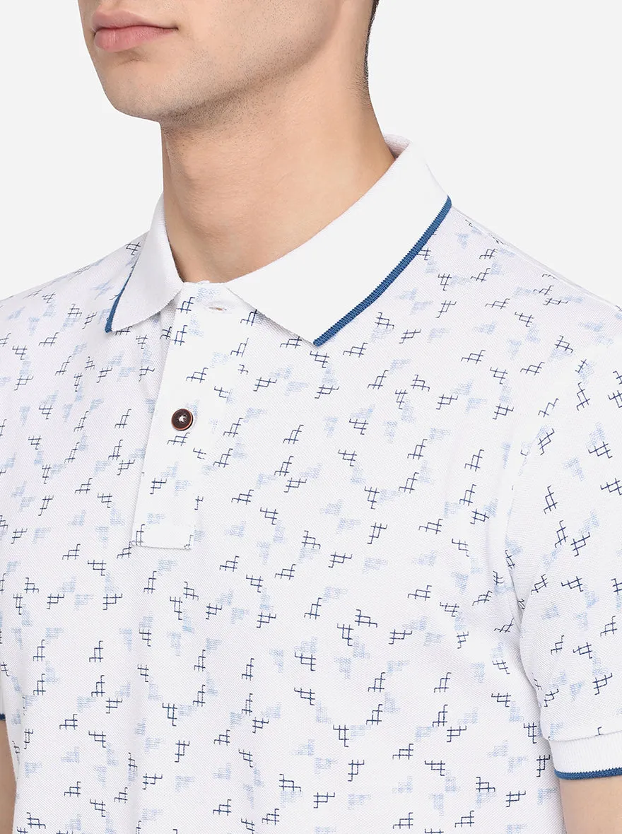 White Printed Slim Fit Polo T-Shirt | Greenfibre