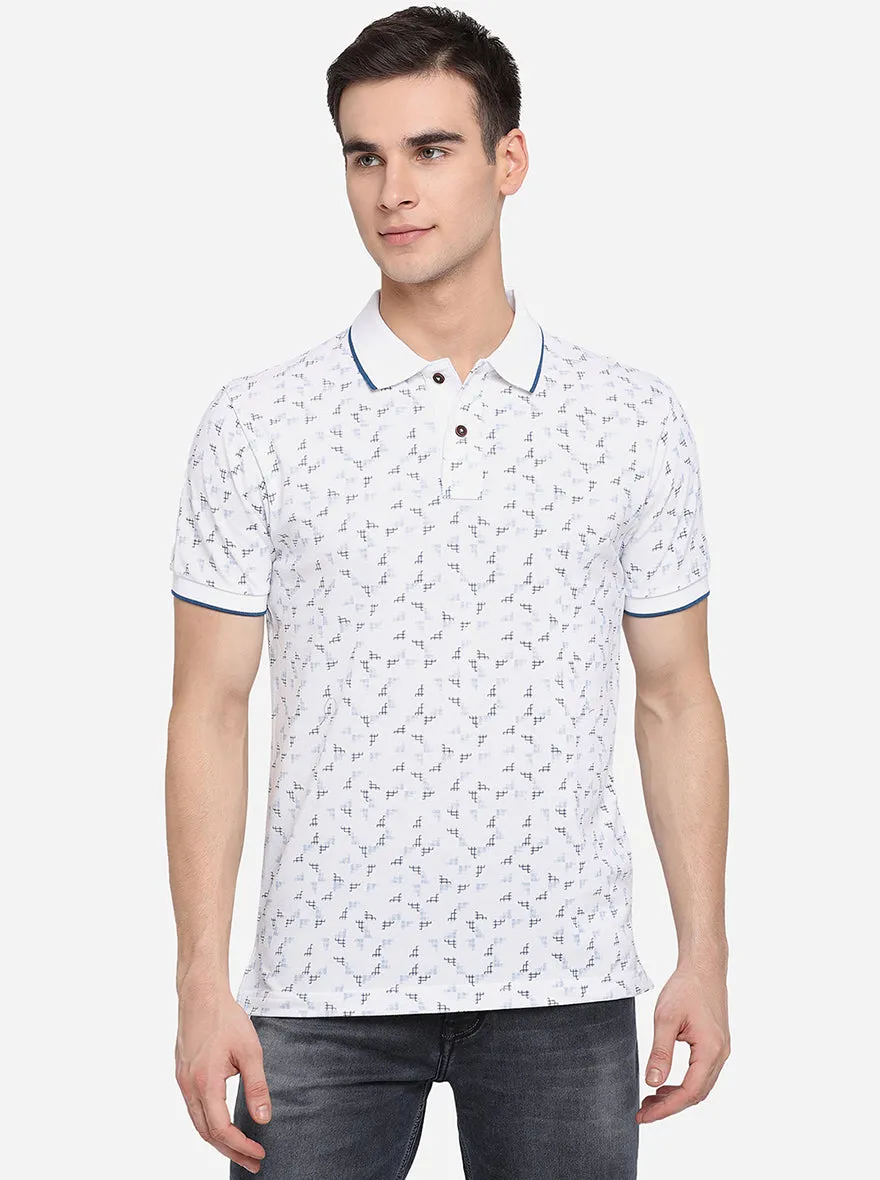 White Printed Slim Fit Polo T-Shirt | Greenfibre
