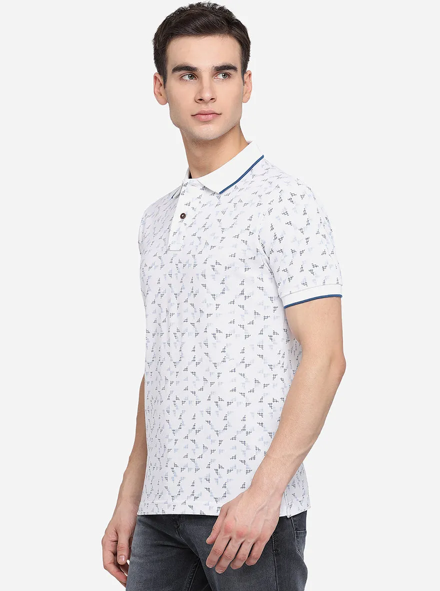 White Printed Slim Fit Polo T-Shirt | Greenfibre