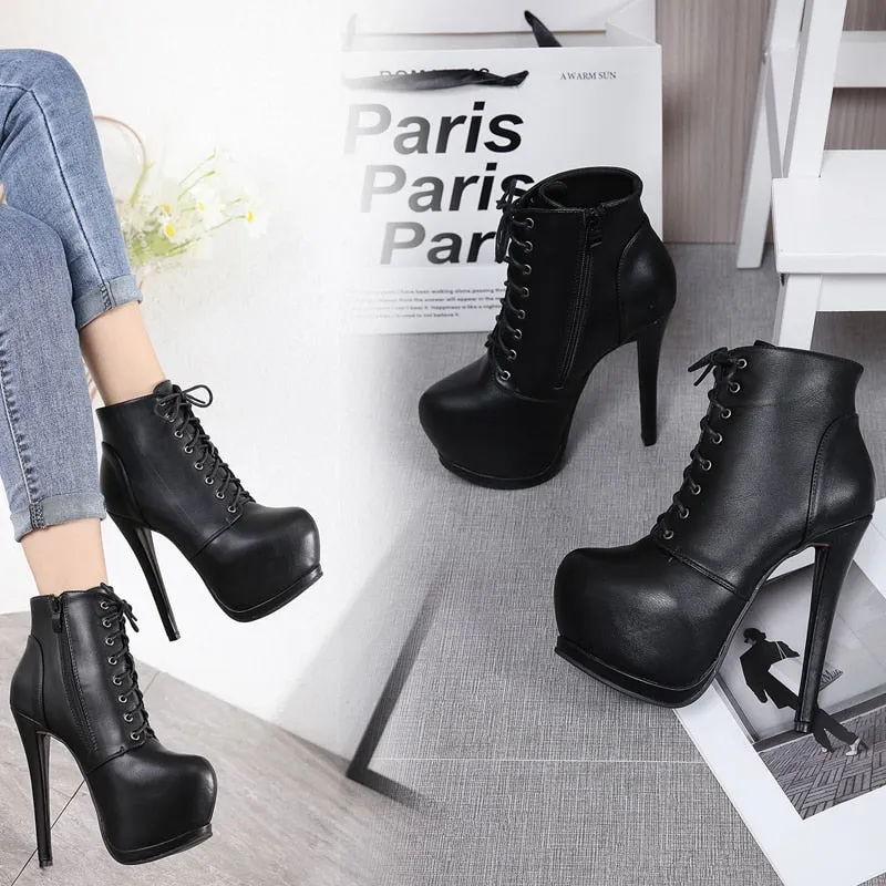 Women Autumn Ankle Boots Sexy High Heels Platform Boots Round Toe Leather Booties Black Shoes Ladies Party Shoes New 2022