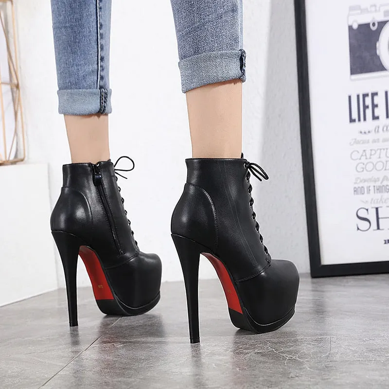 Women Autumn Ankle Boots Sexy High Heels Platform Boots Round Toe Leather Booties Black Shoes Ladies Party Shoes New 2022