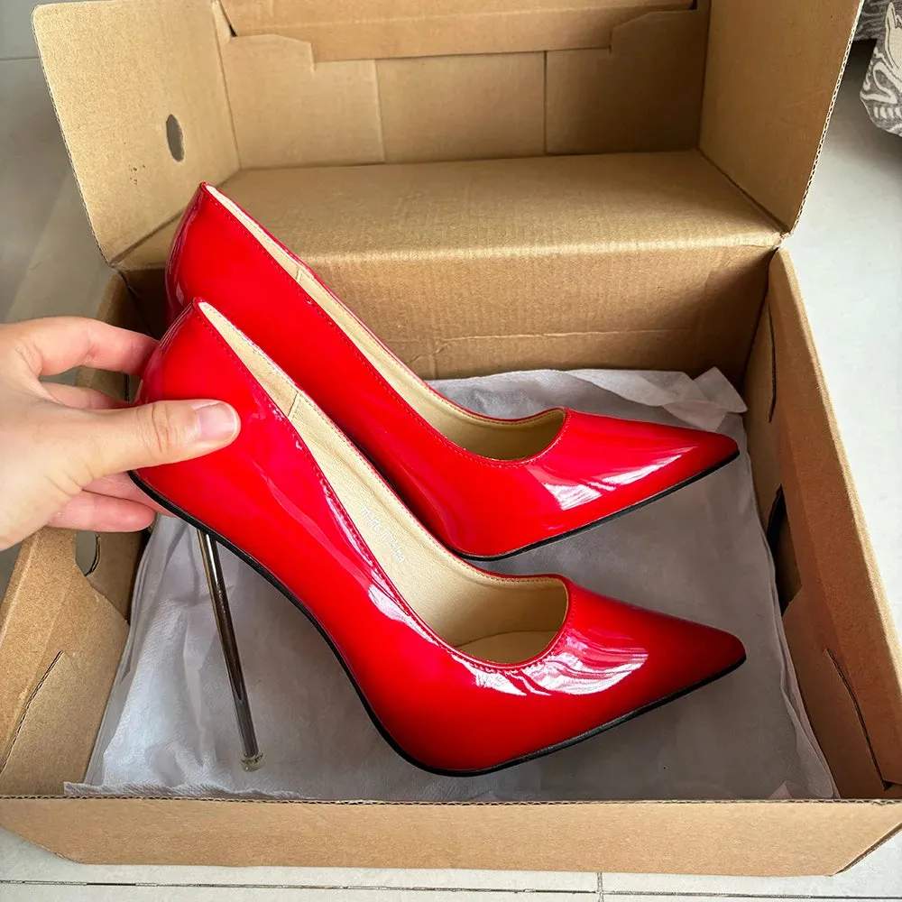 Women Metal Pumps Stilettos Thin High Heels Shiny Red Ladies Party Shoes Plus Size
