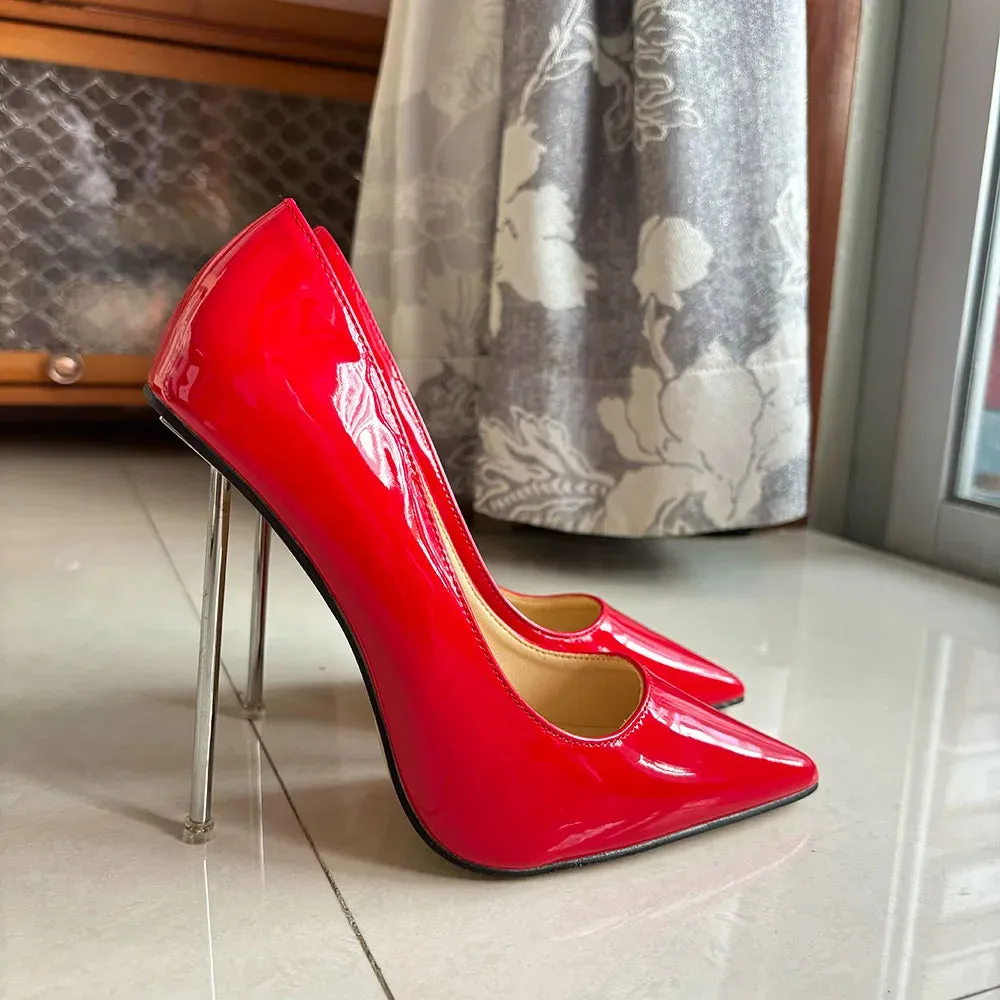 Women Metal Pumps Stilettos Thin High Heels Shiny Red Ladies Party Shoes Plus Size