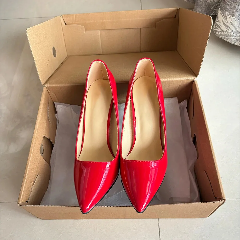 Women Metal Pumps Stilettos Thin High Heels Shiny Red Ladies Party Shoes Plus Size