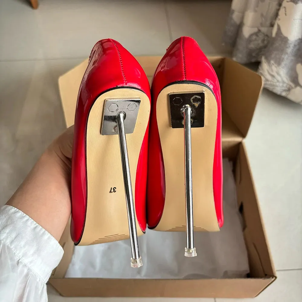 Women Metal Pumps Stilettos Thin High Heels Shiny Red Ladies Party Shoes Plus Size