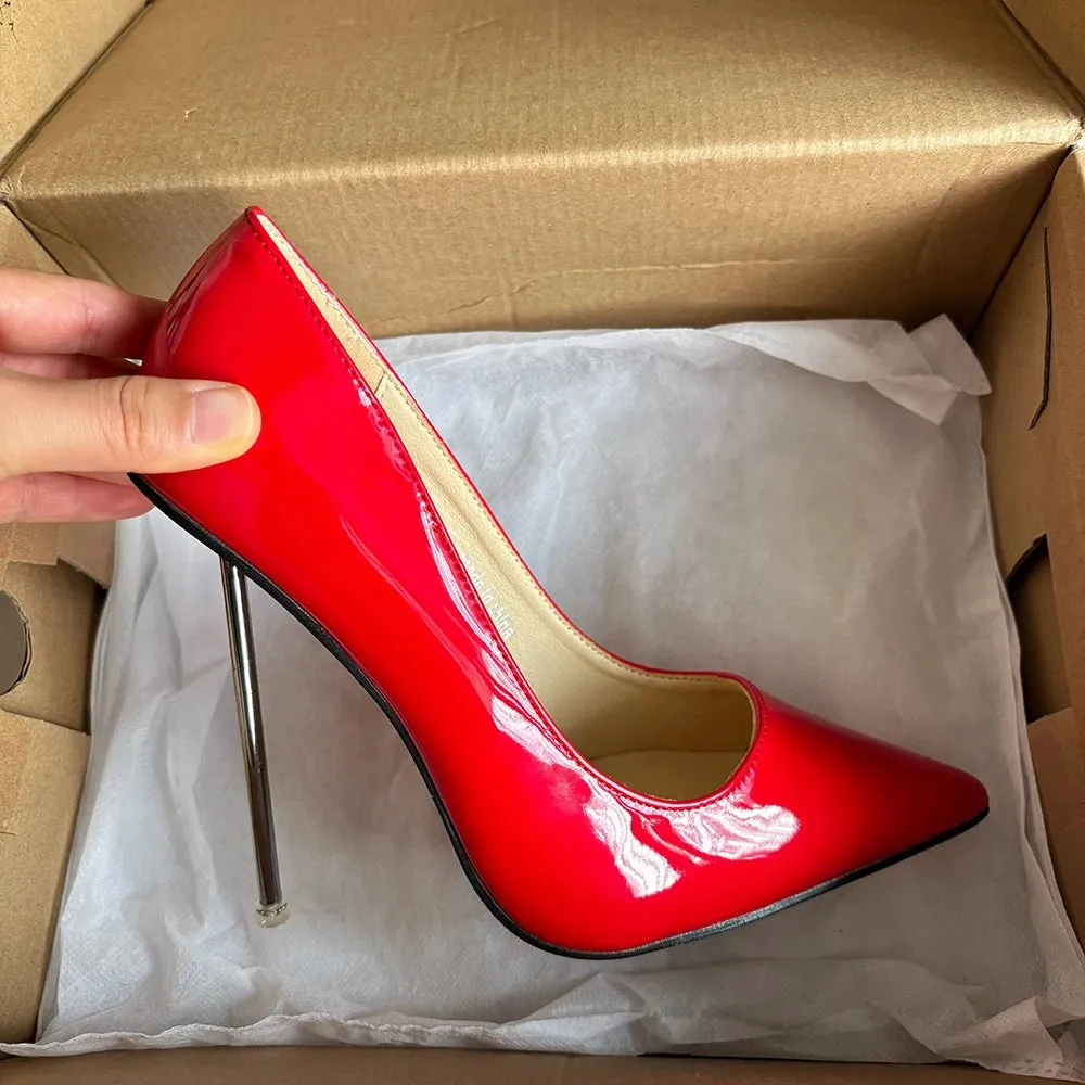 Women Metal Pumps Stilettos Thin High Heels Shiny Red Ladies Party Shoes Plus Size