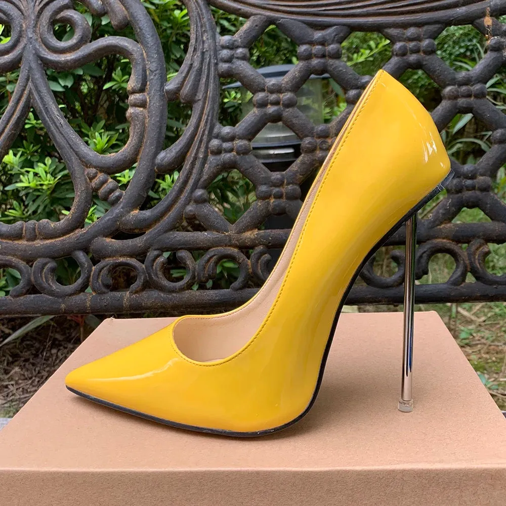 Women Metal Pumps Stilettos Thin High Heels Shiny Red Ladies Party Shoes Plus Size