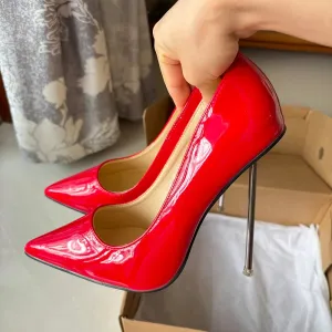 Women Metal Pumps Stilettos Thin High Heels Shiny Red Ladies Party Shoes Plus Size