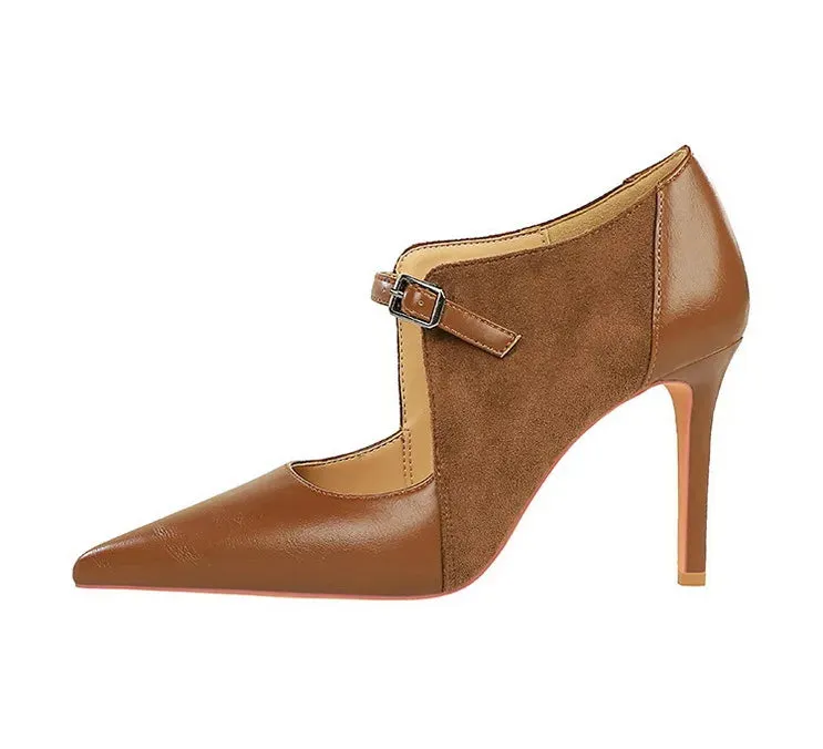 Women Pumps Suede and PU Leather Design Retro High Heels Ladies Shoes Stilettos Women Heels