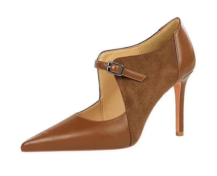 Women Pumps Suede and PU Leather Design Retro High Heels Ladies Shoes Stilettos Women Heels